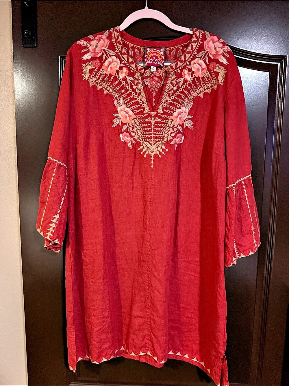 Johnny Was Floral Embroidered Red & Pink XL Kurta